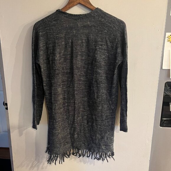 JOIE Women's Dark Gray Wool Linen Blend Open Front Fringe Hem Long Cardigan - Picture 2 of 5